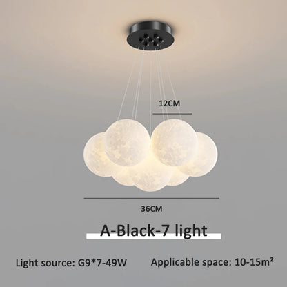 Black flush mount moon chandelier, 7 moons with 12cm globes, 36cm cluster