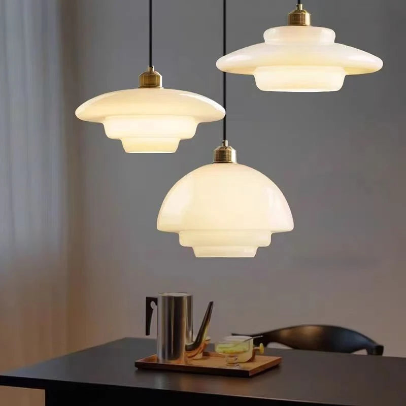 Glass Pendant Light | Antique Cream Hanging Lamp for Kitchen Island, Bar Counter & Study | Single Head, White, Amber or Mushroom Shade