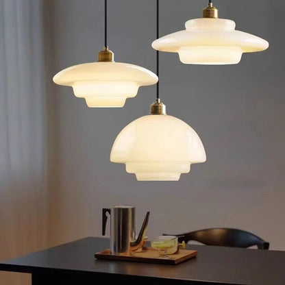 Glass Pendant Light | Antique Cream Hanging Lamp for Kitchen Island, Bar Counter & Study | Single Head, White, Amber or Mushroom Shade