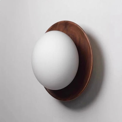 Wooden Wall Light | Round Milky Glass & Wood Wall Lamp for Bedside, Hallway & Stairs | 3 Colour Temperature LED G4, Walnut or Natural, Ø17.5cm