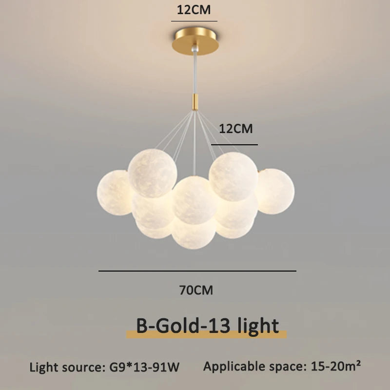 Gold drop rod moon chandelier, 13 moons with 12cm globes, 70cm cluster