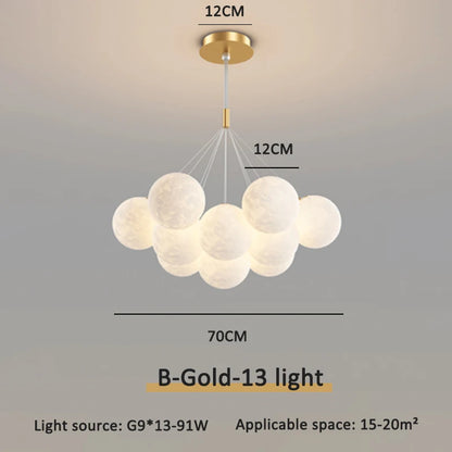Gold drop rod moon chandelier, 13 moons with 12cm globes, 70cm cluster