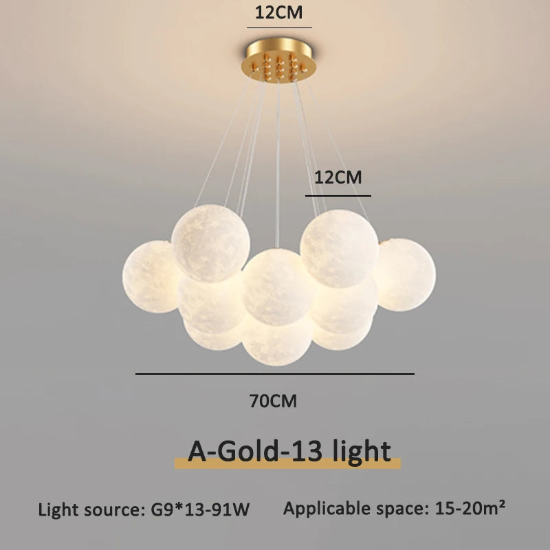 Gold flush mount moon chandelier, 13 moons with 12cm globes, 70cm cluster