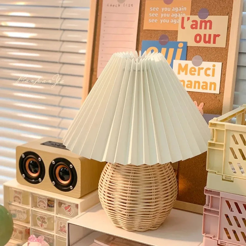 Rattan Table Lamp | Boho Rattan Ball Bedside Lamp with Pleated Fabric Shade for Bedroom, Living Room & Nursery | USB, Warm White or 3-Colour