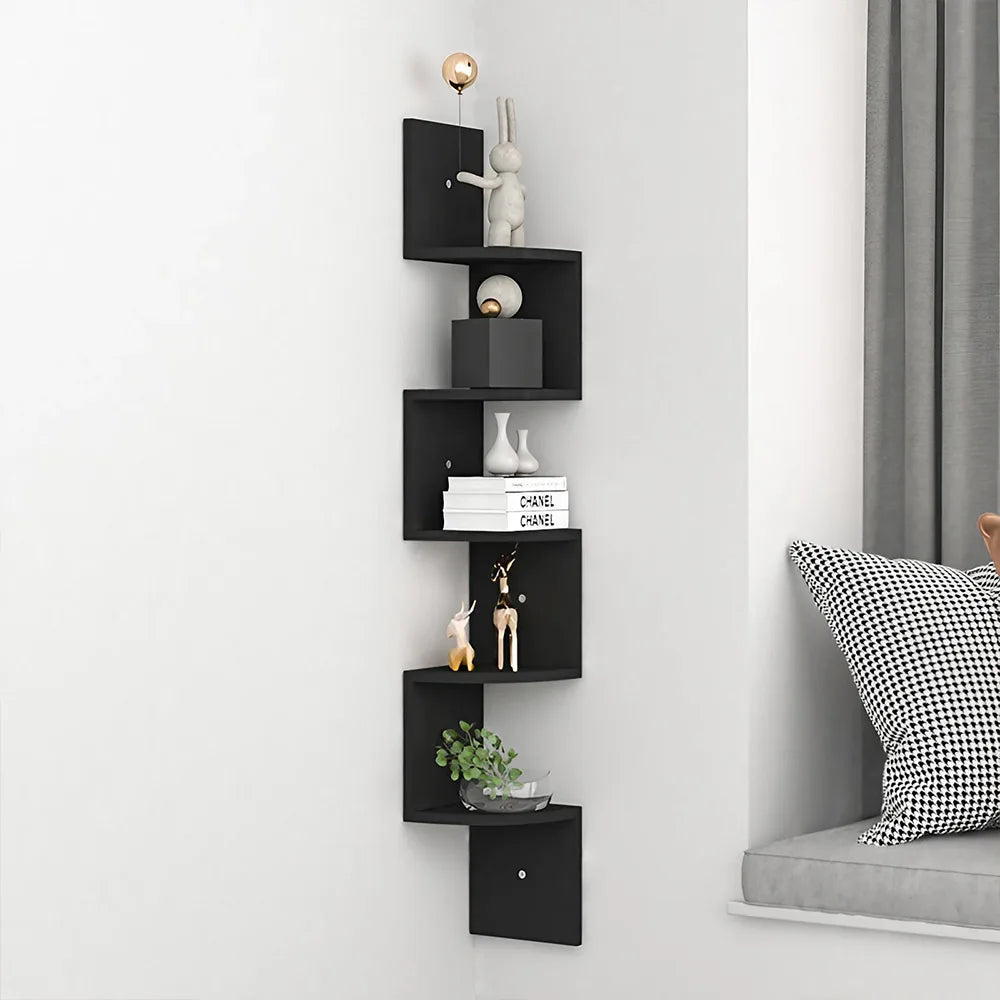 Corner Wall Shelf | Zigzag Floating Bookshelf 5-Tier Wood