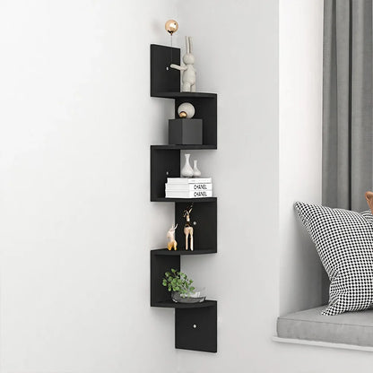Corner Wall Shelf | Zigzag Floating Bookshelf 5-Tier Wood