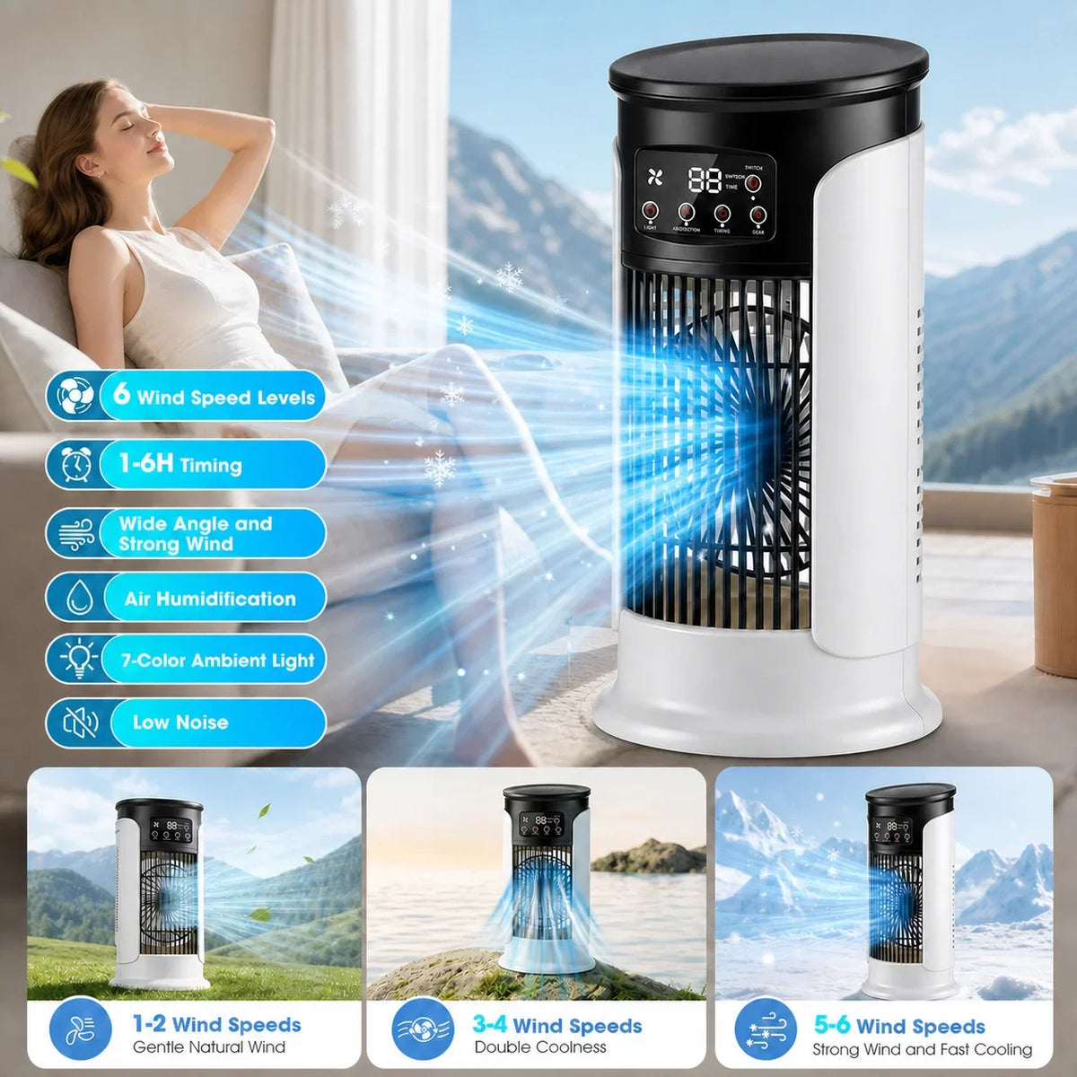 Portable Air Cooler Fan | USB Desktop Misting Humidifier with 6 Speeds, Timer & LED Night Light