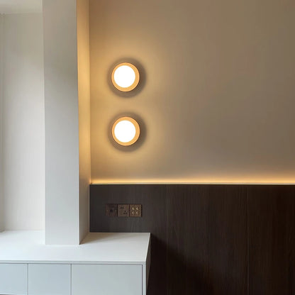 Wooden Wall Light | Round Milky Glass & Wood Wall Lamp for Bedside, Hallway & Stairs | 3 Colour Temperature LED G4, Walnut or Natural, Ø17.5cm
