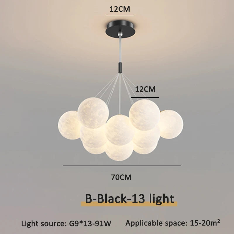 Black drop rod moon chandelier, 13 moons with 12cm globes, 70cm cluster