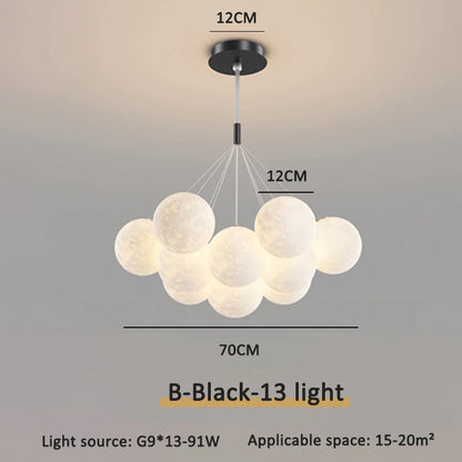 Black drop rod moon chandelier, 13 moons with 12cm globes, 70cm cluster