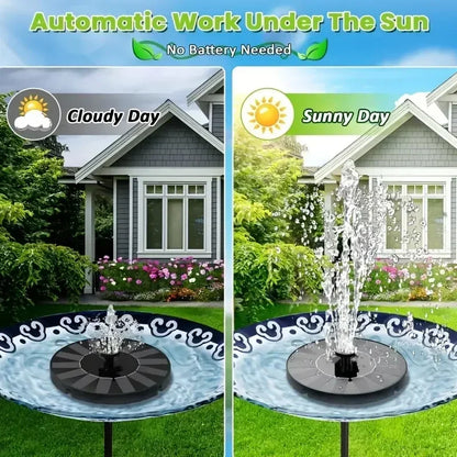 Solar powered fountain pump in garden pond bird bath