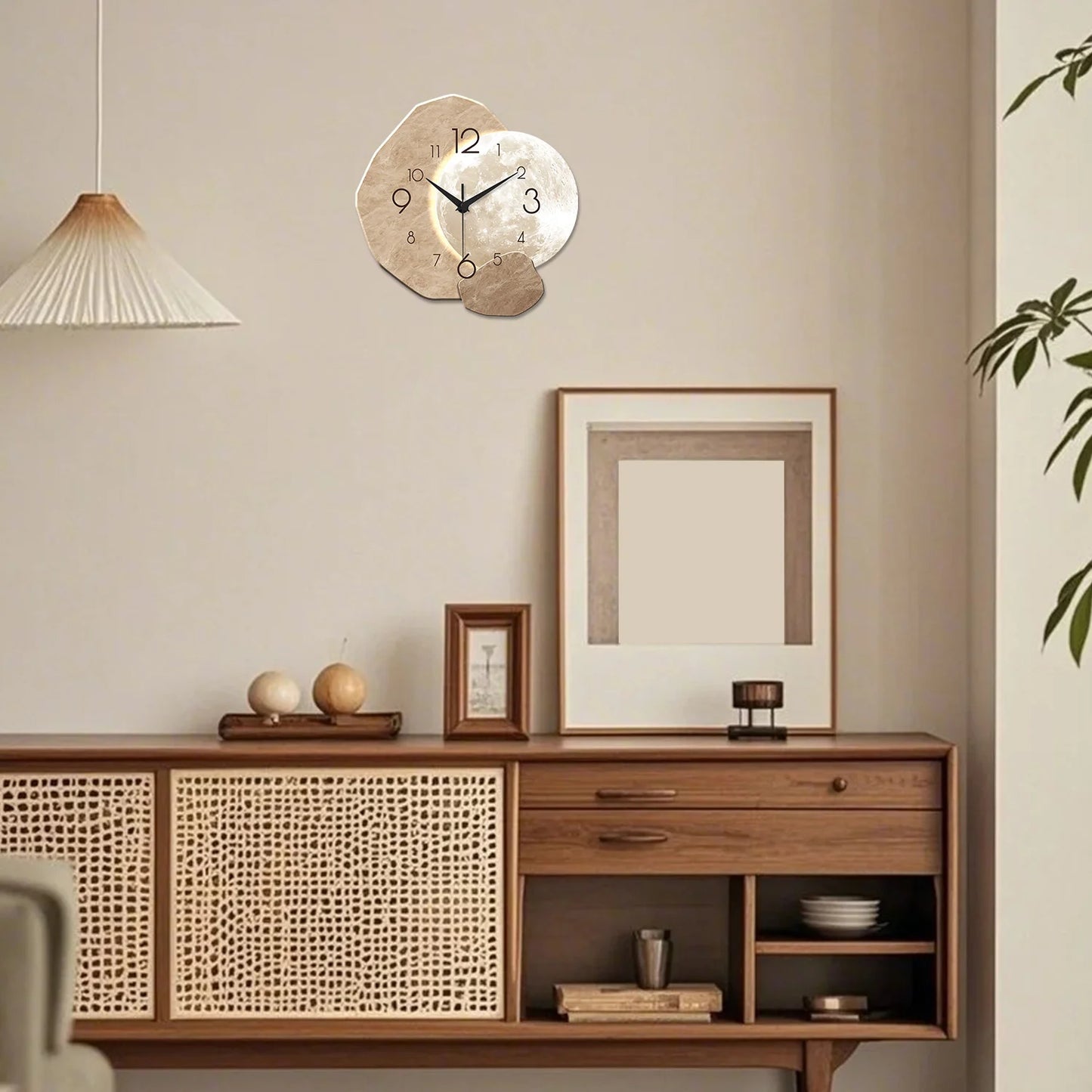 Silent Wall Clock | Moon Design Wooden Frame for Living Room