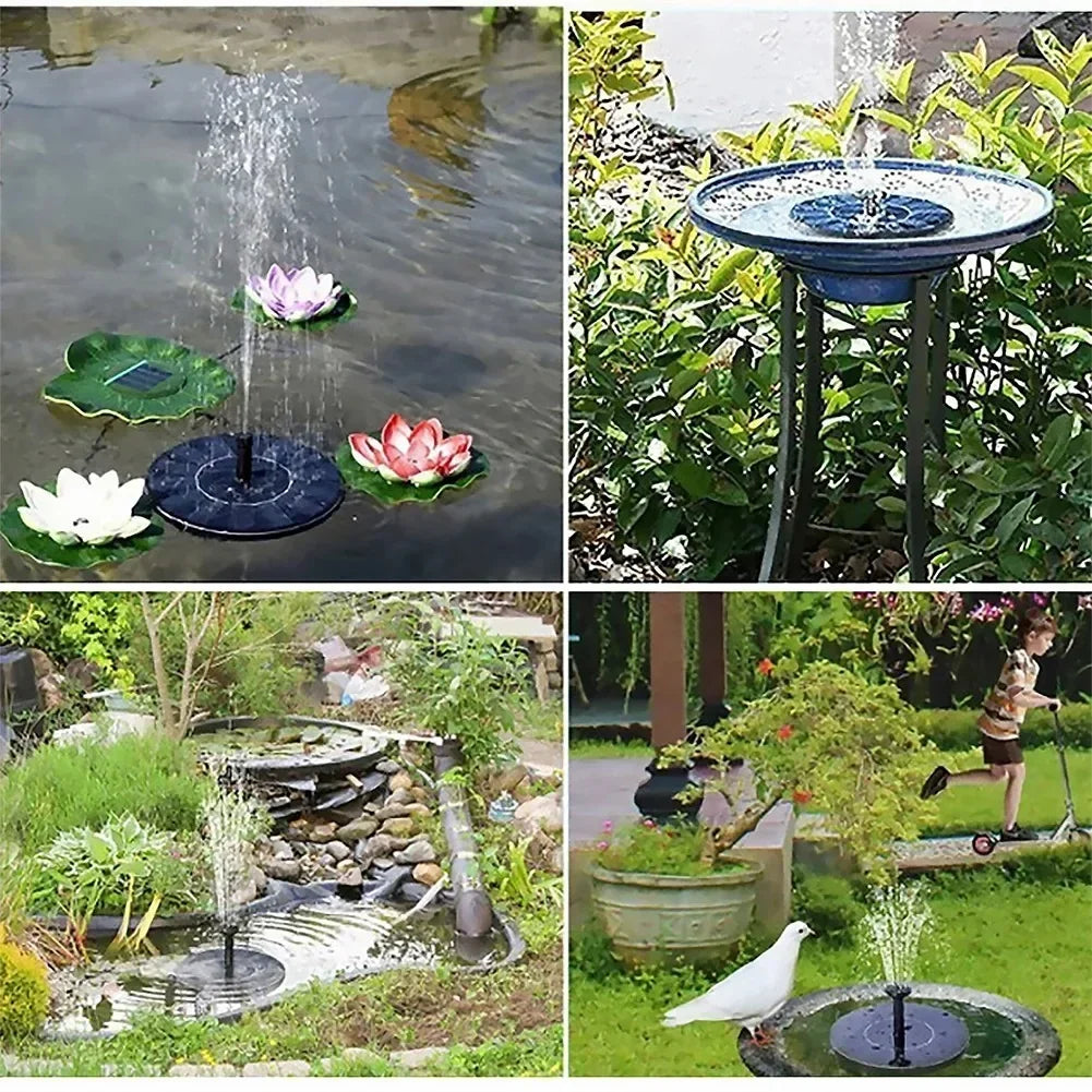Solar fountain pump water spray effect in birdbath