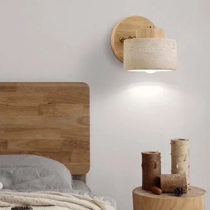 Stone Wall Light | Rotatable Yellow Cave Stone Reading Lamp with Switch for Bedside, Bedroom & Study | Wabi Sabi Wall Sconce, Walnut or Log Wood