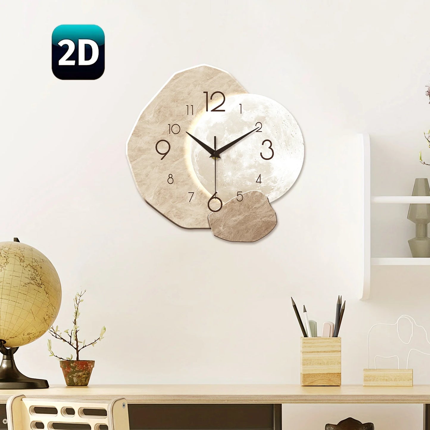 Silent Wall Clock | Moon Design Wooden Frame for Living Room