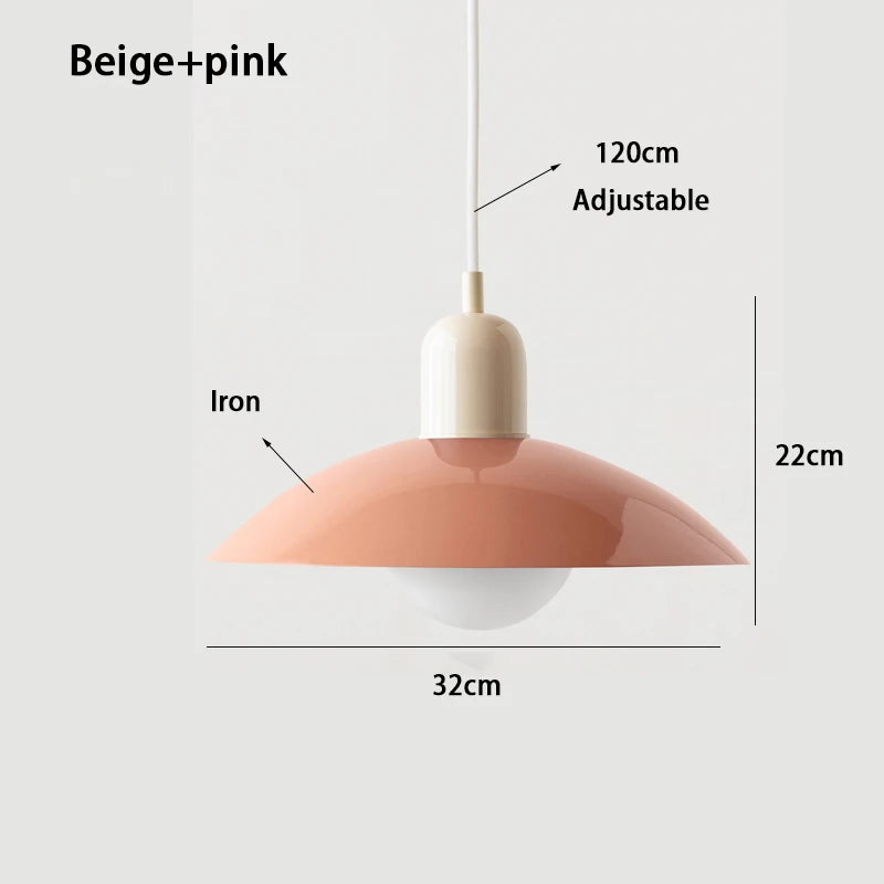 Beige and pink macaron saucer pendant light, 32cm wide by 22cm high