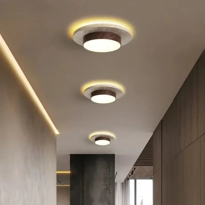 Flush Ceiling Light | Natural Stone & Wood Round Ceiling Lamp for Hallway, Bedroom & Living Room | Japandi Wabi Sabi LED D22cm, Yellow or Brown