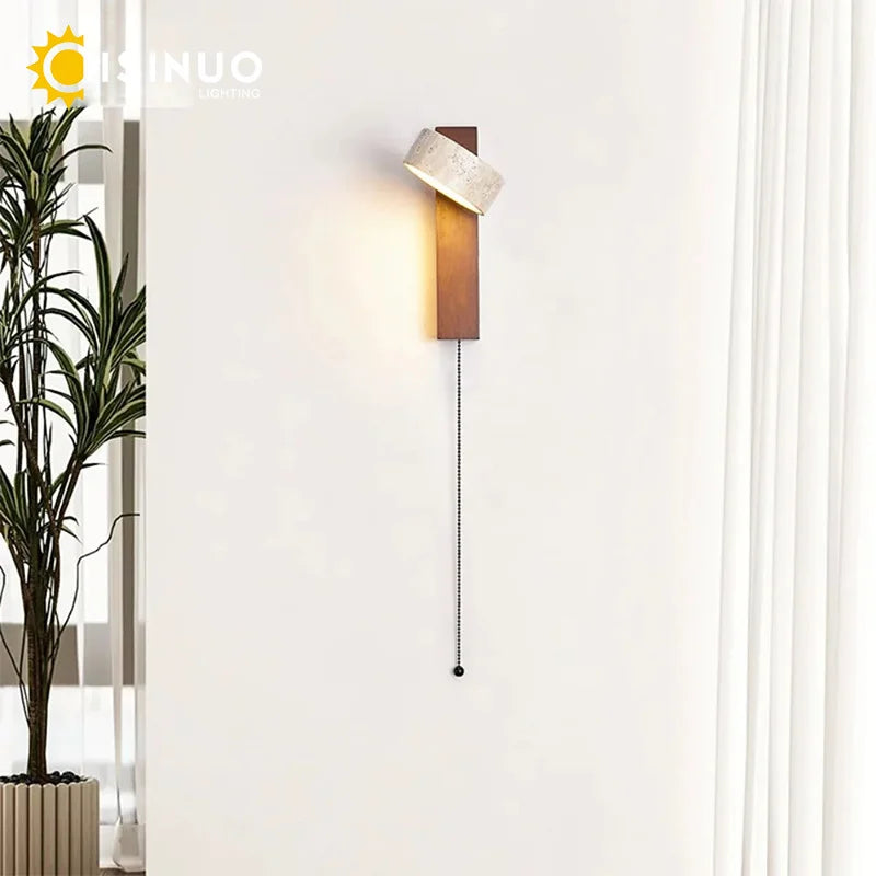 Wall Light | Travertine Stone Bedside Wall Lamp with Pull Cord for Bedroom, Hallway & Living Room | Rotating Wabi Sabi Sconce, Walnut or Natural Wood