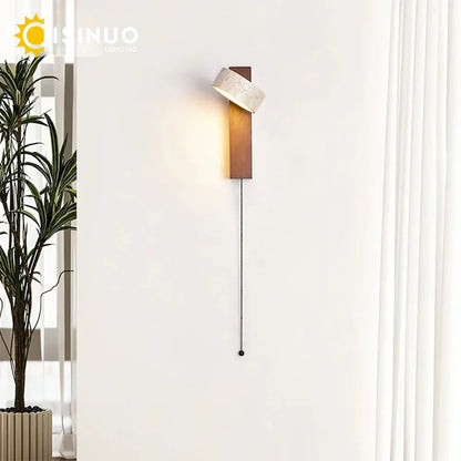 Wall Light | Travertine Stone Bedside Wall Lamp with Pull Cord for Bedroom, Hallway & Living Room | Rotating Wabi Sabi Sconce, Walnut or Natural Wood