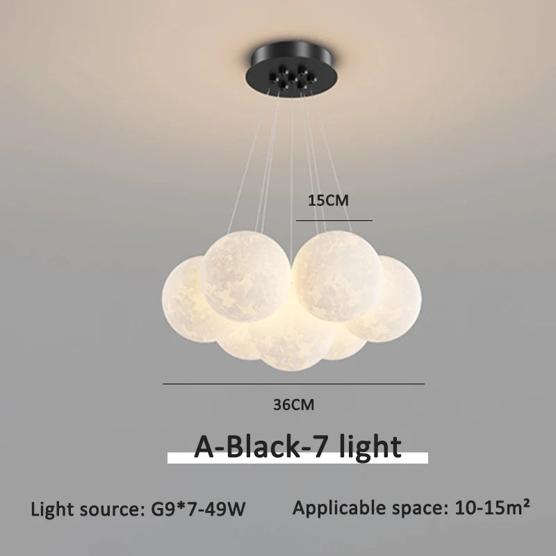 Black flush mount moon chandelier, 7 moons with 15cm globes, 36cm cluster
