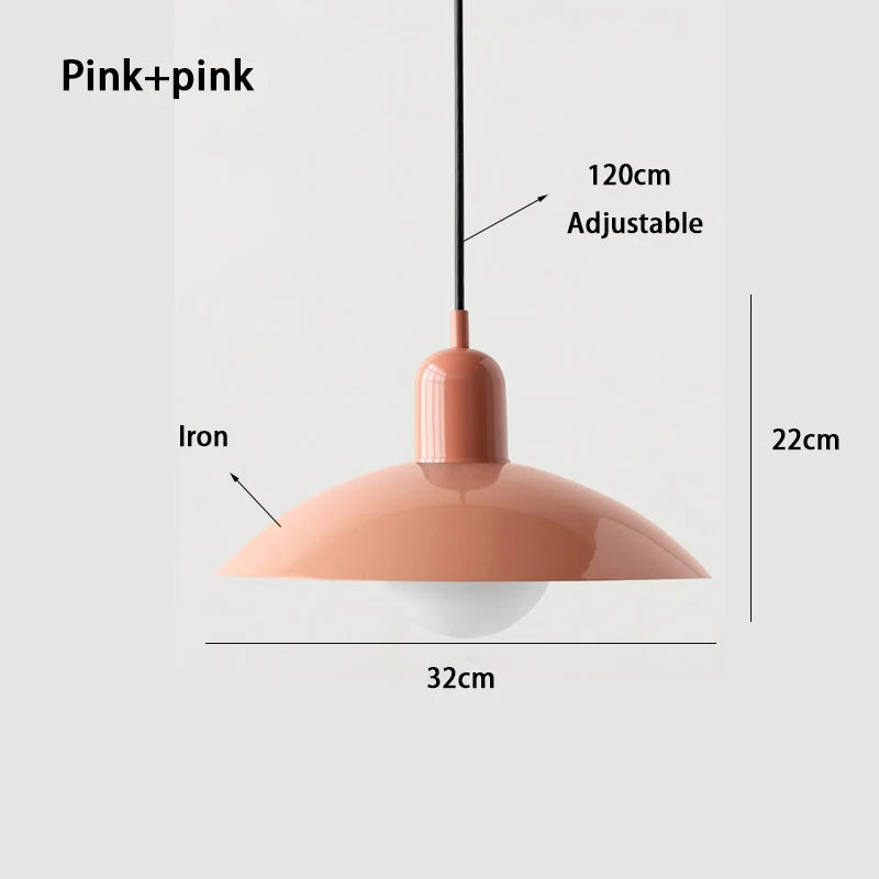 All pink macaron saucer pendant light, 32cm wide by 22cm high