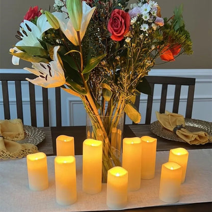 Flameless Candles | Set of 10 LED Flickering Pillar Candles for Christmas, Weddings, Centrepieces & Fireplaces | Battery Operated, Warm White