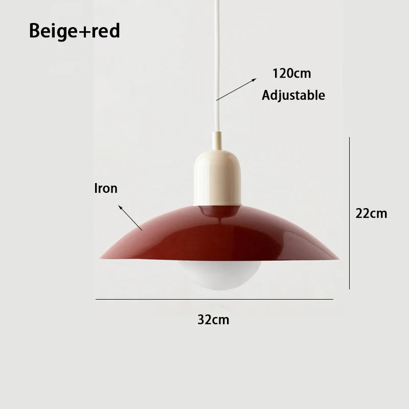 Beige and oxblood macaron saucer pendant light, 32cm wide by 22cm high