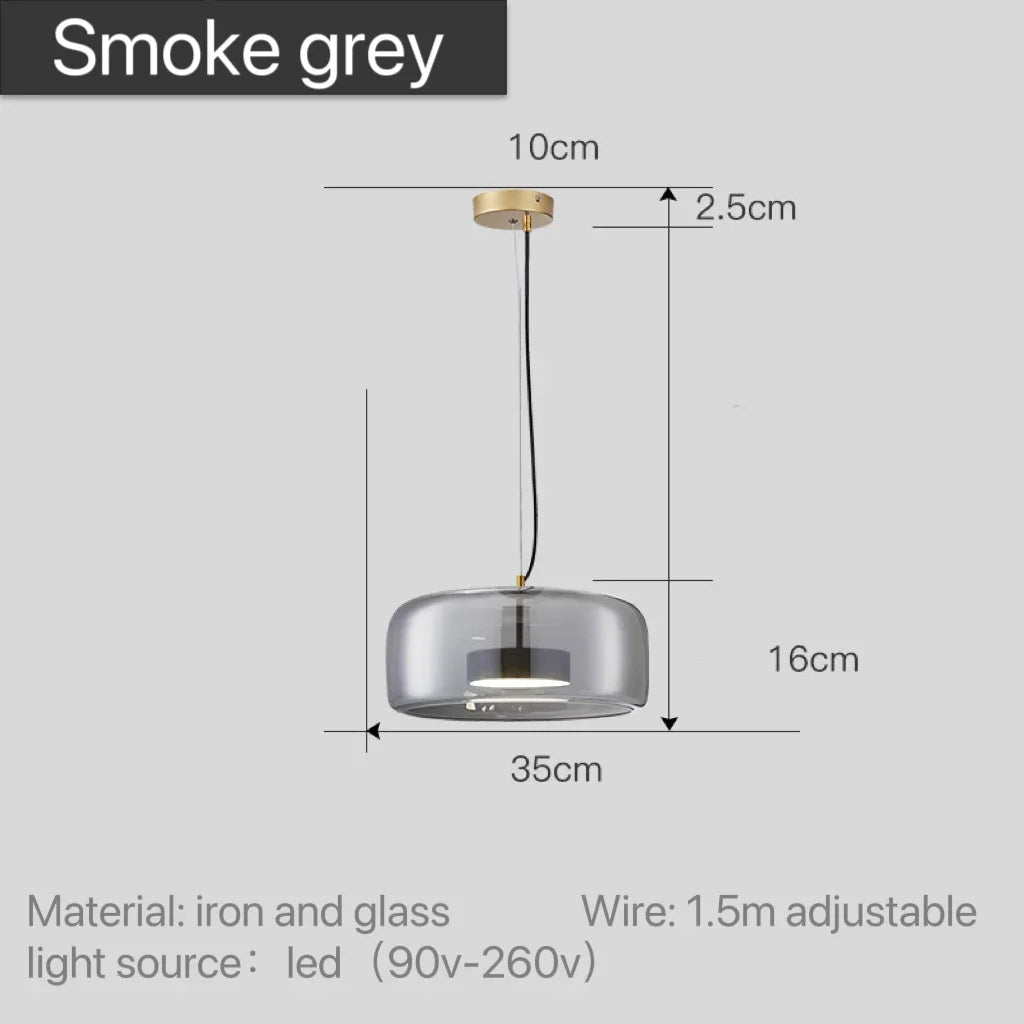 Smoke grey glass pendant light dimensions, 35cm drum shade 16cm high
