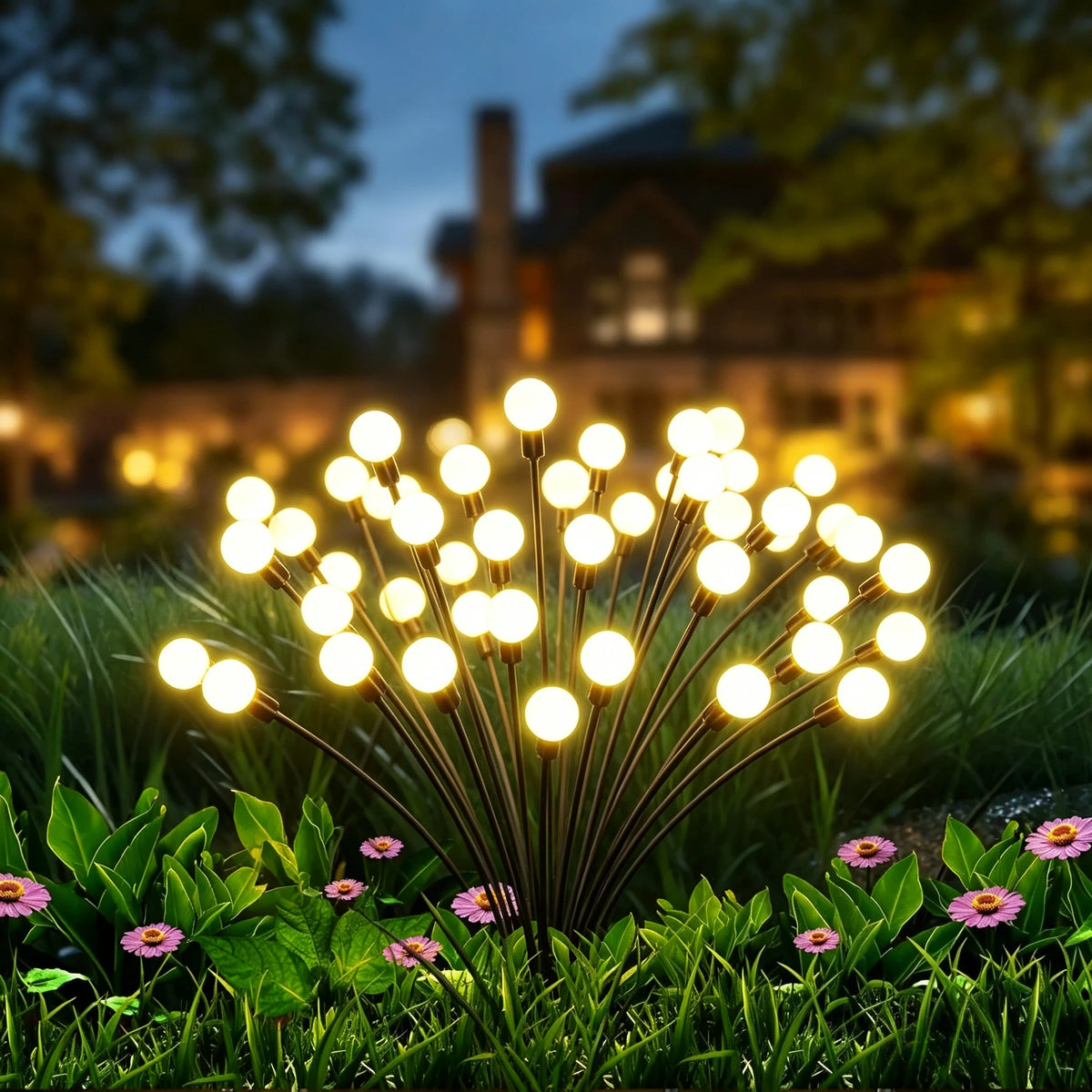 Solar firefly stake lights glowing warm among garden flower borders at dusk