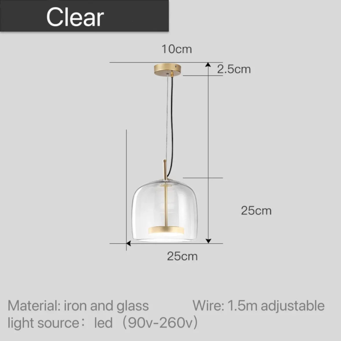 Clear glass pendant light dimensions, 25cm dome shade 25cm high