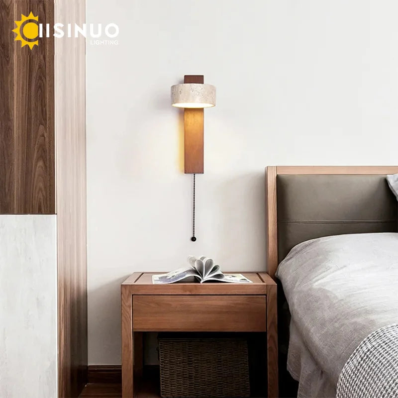 Wall Light | Travertine Stone Bedside Wall Lamp with Pull Cord for Bedroom, Hallway & Living Room | Rotating Wabi Sabi Sconce, Walnut or Natural Wood