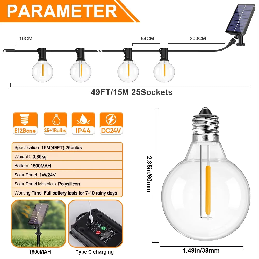 Solar Festoon Lights | G40 Globe Outdoor String Lights with Remote