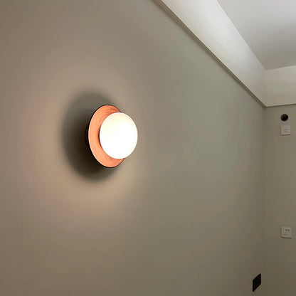 Wooden Wall Light | Round Milky Glass & Wood Wall Lamp for Bedside, Hallway & Stairs | 3 Colour Temperature LED G4, Walnut or Natural, Ø17.5cm