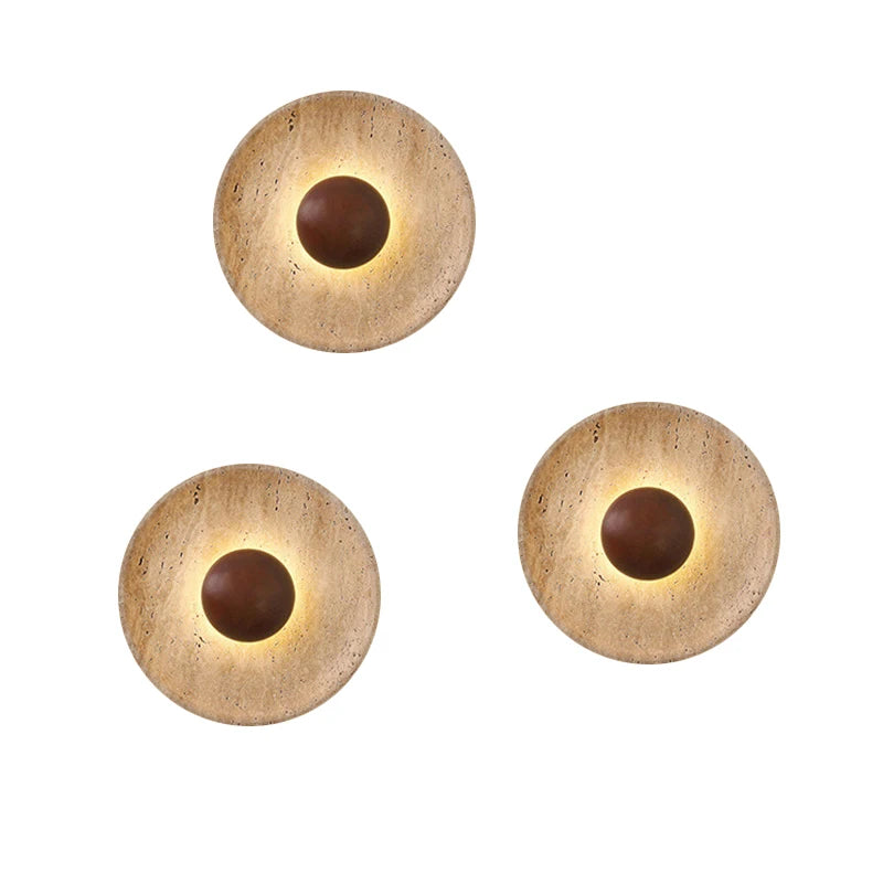 Stone Wall Light | Natural Travertine Sconce with Wood Arm for Bedroom, Hallway & Stairs | Wabi Sabi Bedside Wall Lamp Ø25cm, Warm LED