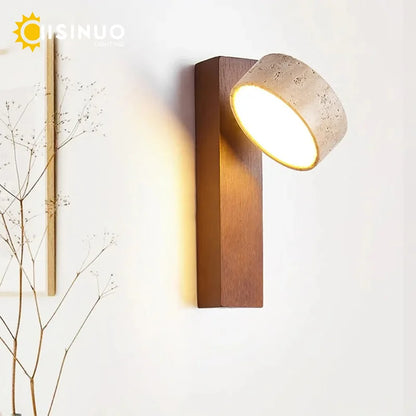 Wall Light | Travertine Stone Bedside Wall Lamp with Pull Cord for Bedroom, Hallway & Living Room | Rotating Wabi Sabi Sconce, Walnut or Natural Wood