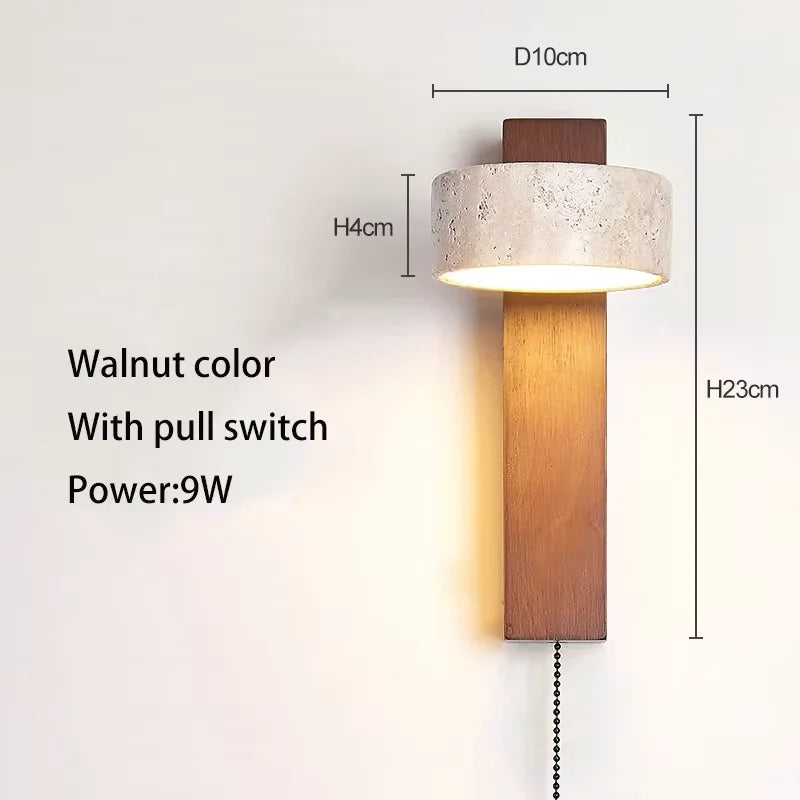 Wall Light | Travertine Stone Bedside Wall Lamp with Pull Cord for Bedroom, Hallway & Living Room | Rotating Wabi Sabi Sconce, Walnut or Natural Wood