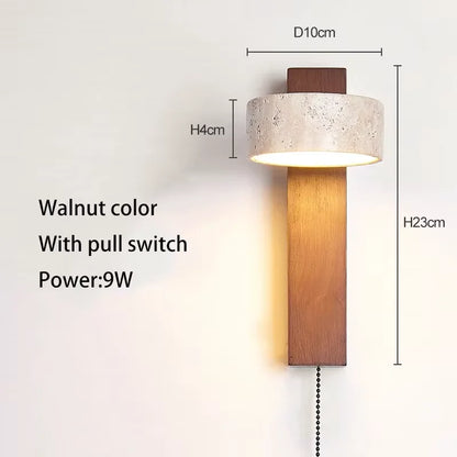 Wall Light | Travertine Stone Bedside Wall Lamp with Pull Cord for Bedroom, Hallway & Living Room | Rotating Wabi Sabi Sconce, Walnut or Natural Wood