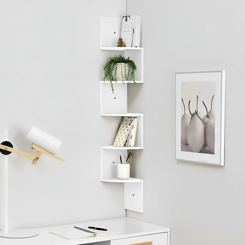 Corner Wall Shelf | Zigzag Floating Bookshelf 5-Tier Wood