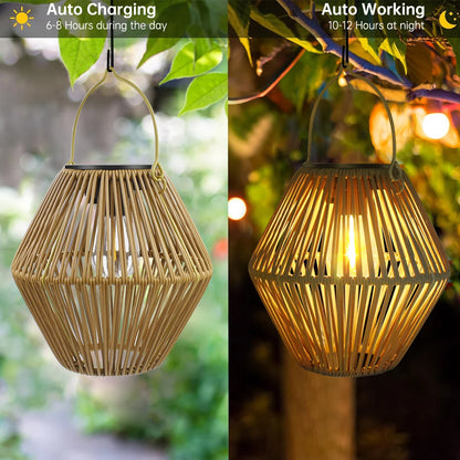 Boho LED bamboo lantern warm white glow hanging