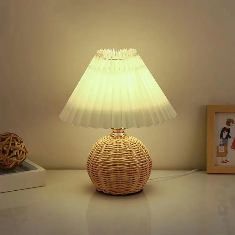 Rattan Table Lamp | Boho Rattan Ball Bedside Lamp with Pleated Fabric Shade for Bedroom, Living Room & Nursery | USB, Warm White or 3-Colour
