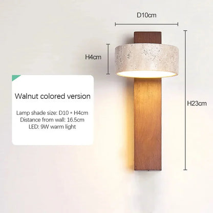 Wall Light | Travertine Stone Bedside Wall Lamp with Pull Cord for Bedroom, Hallway & Living Room | Rotating Wabi Sabi Sconce, Walnut or Natural Wood