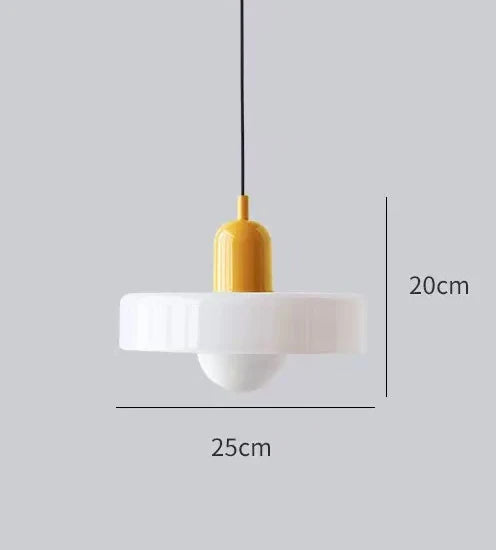Mustard and white retro fluted glass pendant light, 25cm across and 20cm tall