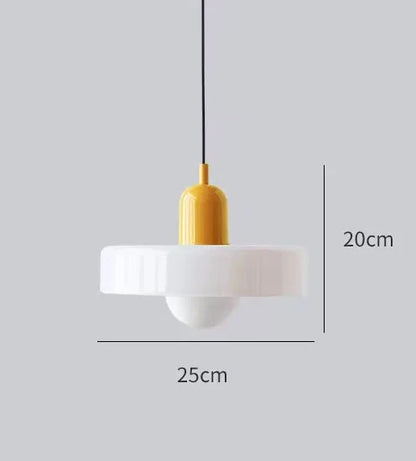 Mustard and white retro fluted glass pendant light, 25cm across and 20cm tall