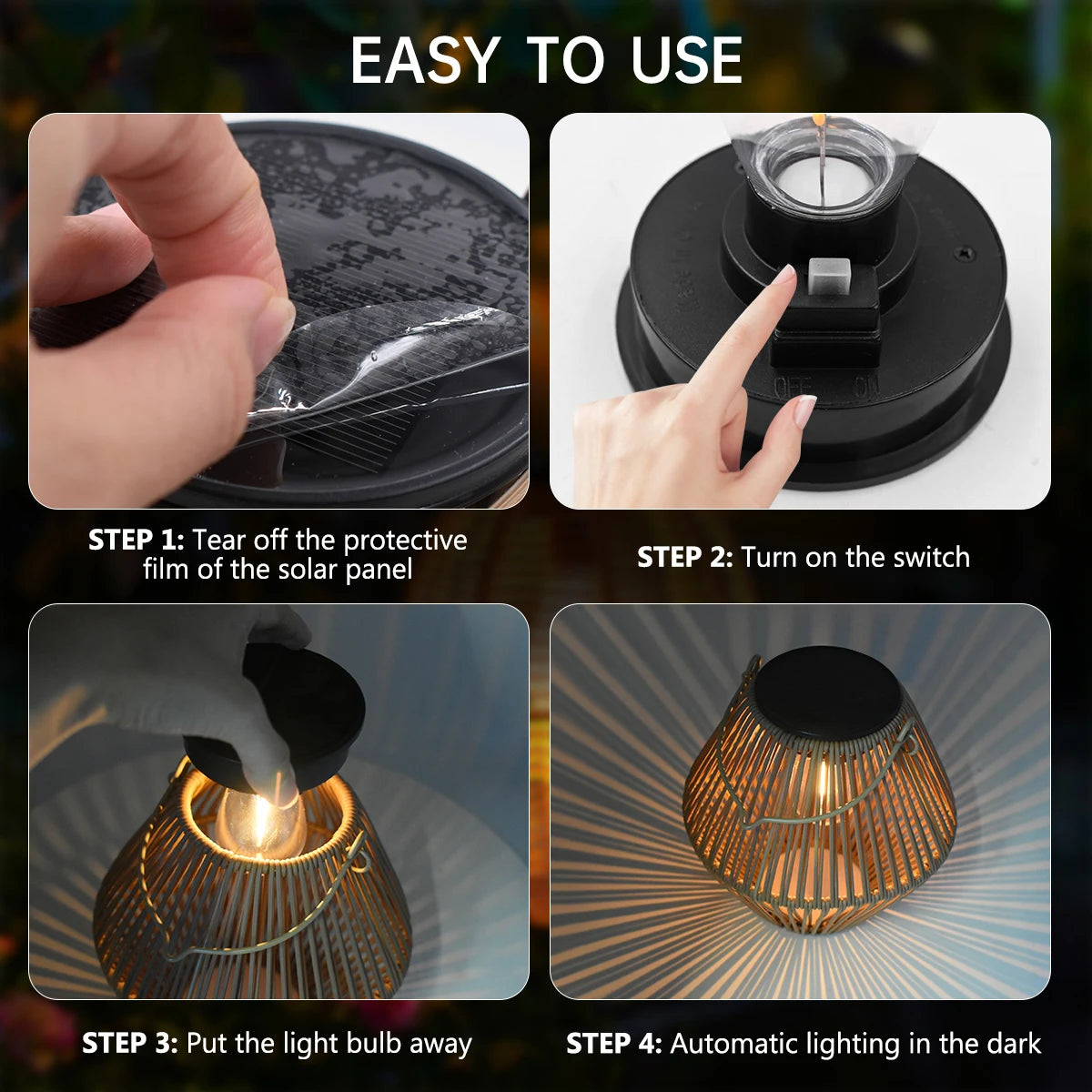 Solar LED lantern illuminated at night garden setting