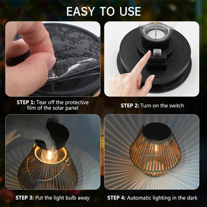 Solar LED lantern illuminated at night garden setting