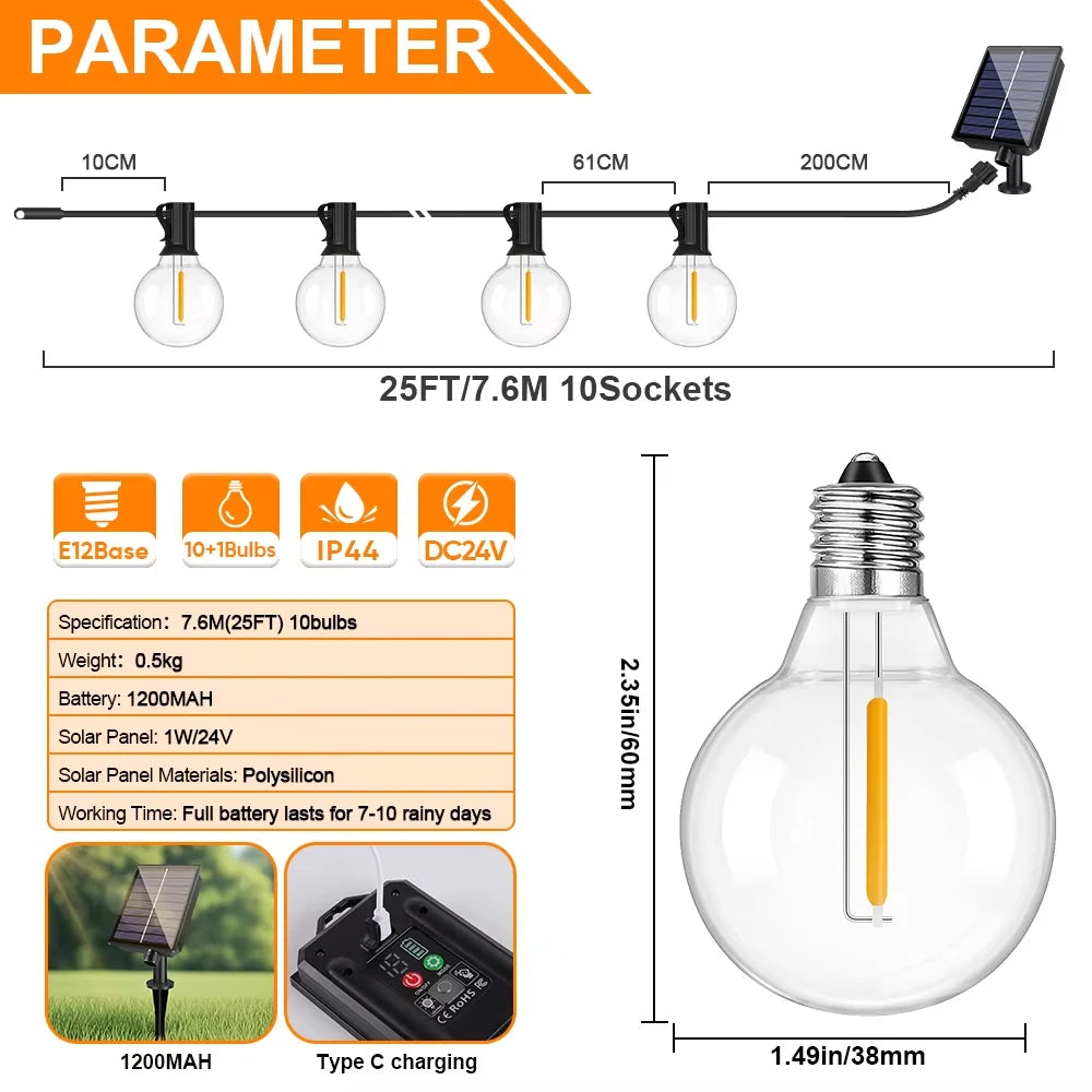 Solar Festoon Lights | G40 Globe Outdoor String Lights with Remote