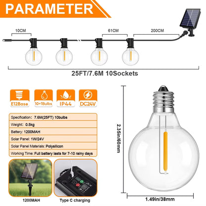 Solar Festoon Lights | G40 Globe Outdoor String Lights with Remote