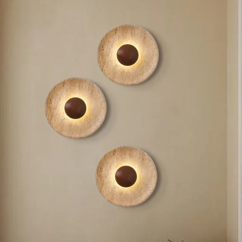 Stone Wall Light | Natural Travertine Sconce with Wood Arm for Bedroom, Hallway & Stairs | Wabi Sabi Bedside Wall Lamp Ø25cm, Warm LED