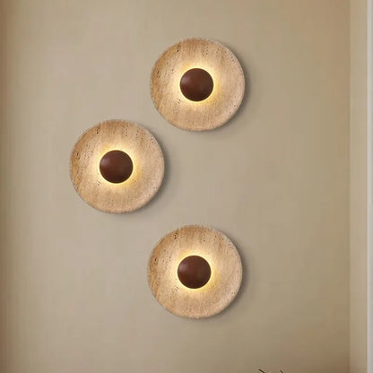 Stone Wall Light | Natural Travertine Sconce with Wood Arm for Bedroom, Hallway & Stairs | Wabi Sabi Bedside Wall Lamp Ø25cm, Warm LED