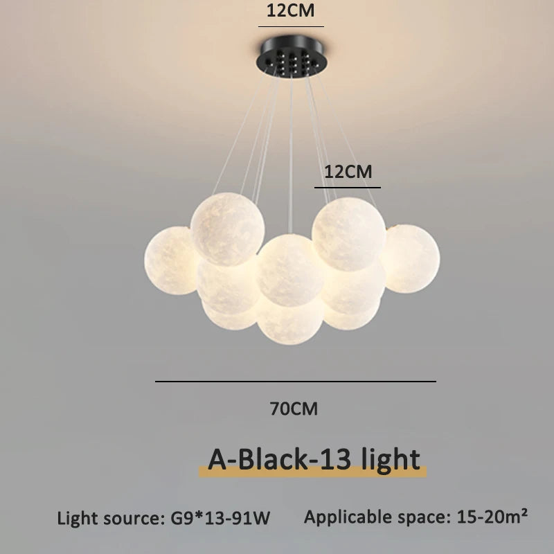 Black flush mount moon chandelier, 13 moons with 12cm globes, 70cm cluster